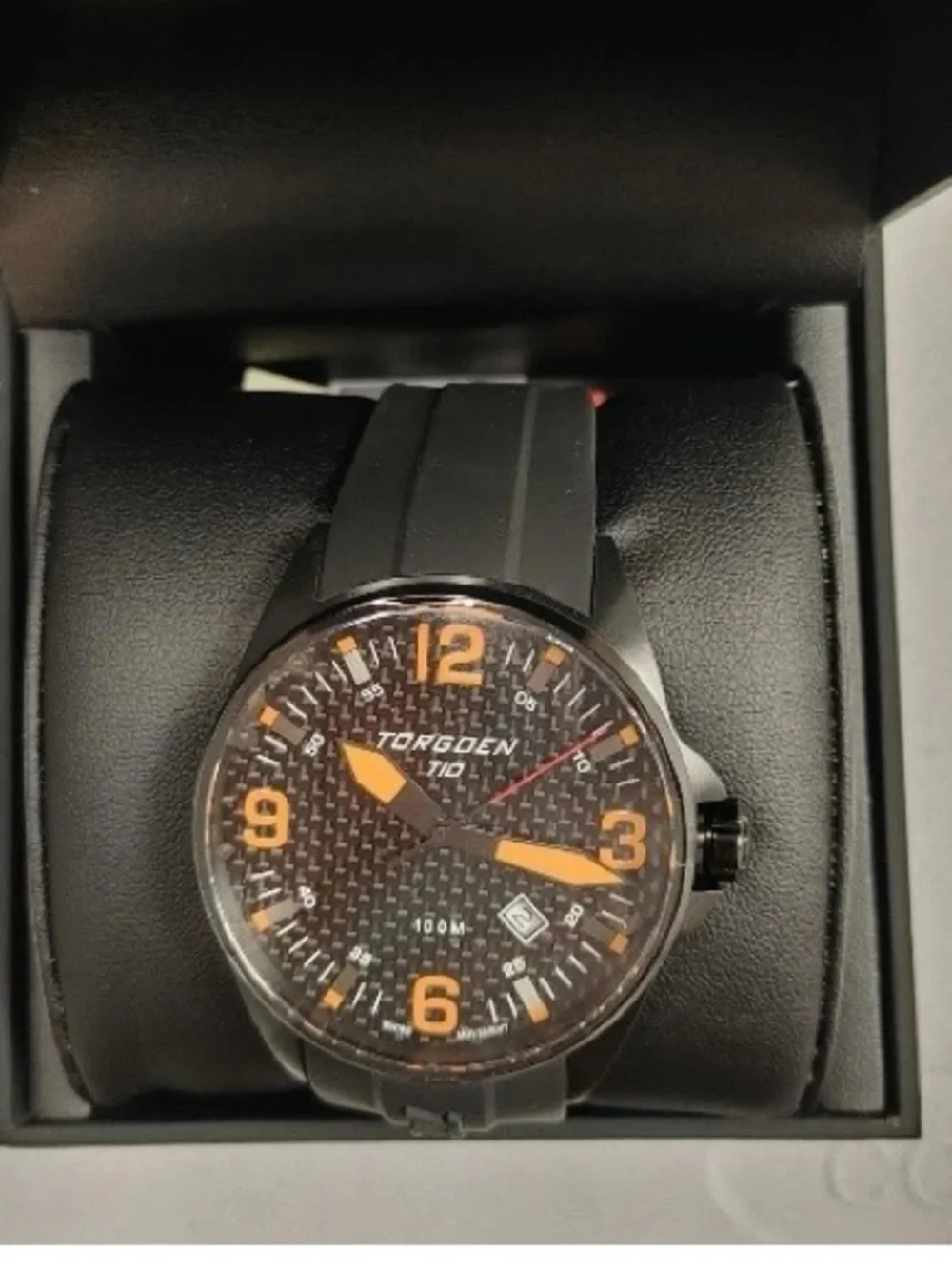 Torgoen Men’s 45mm Black Leather Strap Watch NIB